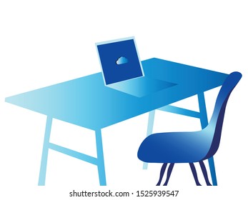 Awesome Computer Desk Illustration(Vector) color Blue :- is this vector you can see the one chair and one laptop and a cloud icon with blue color paint.
