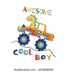 Awesome cool boy. Cartoon vector t-shirt design for kids with cute dinosaur and slogan. Use for fashion wear, apparel t-shirt print, textile, surface design. Vector isolated