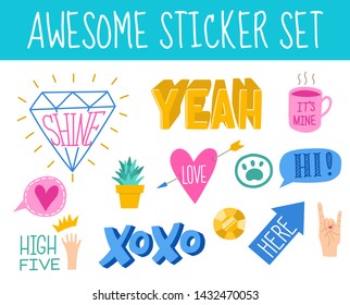 Awesome and cool  colorful hand drawn sticker set with different phrases and objects. Can be used for pin designs, stickers, website buttons, patterns, decorating girly goods etc. 
