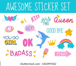 Awesome and cool  colorful hand drawn sticker set with different phrases and objects. Can be used for pin designs, stickers, website buttons, patterns, decorating girly goods etc. 