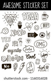 Awesome and cool hand drawn sticker set with different phrases and objects. Can be printed out and used for decorating cellphone, laptop, notebook etc. Vector eps10