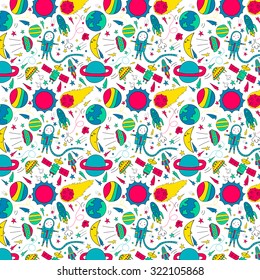 Awesome cosmic seamless pattern  with earth,moon,ufo,star and lovely spaceman