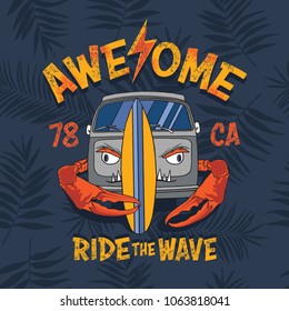 awesome crab surf car and leaf seamless pattern vector