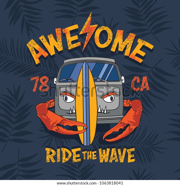 awesome\
crab surf car and leaf seamless pattern\
vector