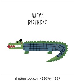 Awesome cute alligator in suit and hat, children's birthday party. Vector card with nice animal.