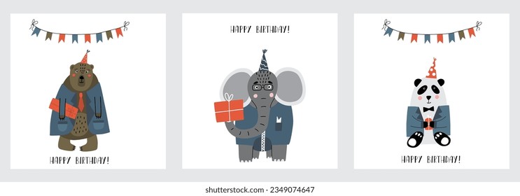 Awesome cute animals in birthday  hats, children's birthday party. Funny bear in coat, Elephant with gift box, Panda with present. Collection of vector cards with nice animals. 