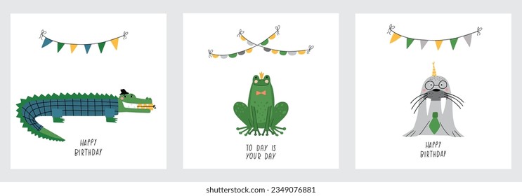 Awesome cute animals in birthday  hats, children's birthday party. Funny crocodile or alligator in suit with gift box, Happy frog, Walrus in necktie. Collection of vector cards with nice animals.