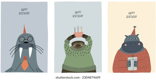 Awesome cute animals in birthday party hats, children's birthday party, birthday cake. Vector card with nice animals.
