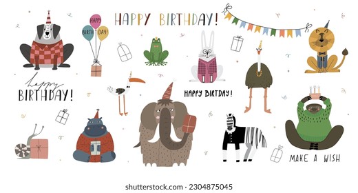 Awesome cute animals in birthday party hats, children's birthday party. Vector clipard with nice animals.