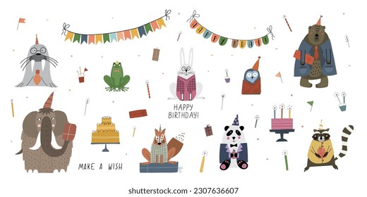 Awesome cute animals in birthday party hats, children's birthday party. Vector clipard with nice animals.