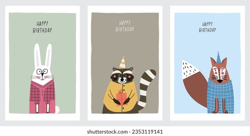 Awesome cute animals in birthday party hats, children's birthday party, birthday present. Vector cards with nice animals. Funny  White Hare in shirt and vest, Raccoon in tunic and fox in sweater.