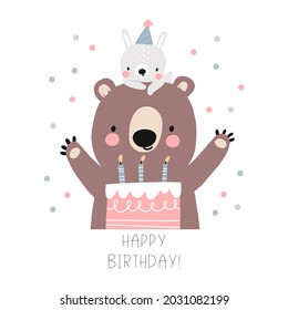 Awesome cute bear and bunny in festive caps, happy birthday kids party, birthday cake. Vector illustration cute animals friends birthday party characters
