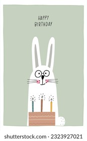 Awesome cute bunny with birthday cake, children's birthday party. Vector card with nice animals.