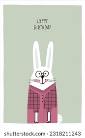 Awesome cute bunny in shirt, children's birthday party. Vector card with nice animals.