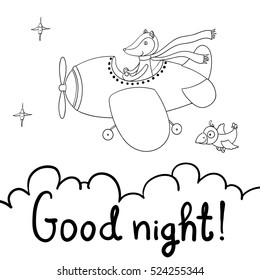 Awesome cute cartoon fox pilot flying on the airplane. Good night! Little cartoon crow and smiling stars. Vector illustration, isolated on white background.