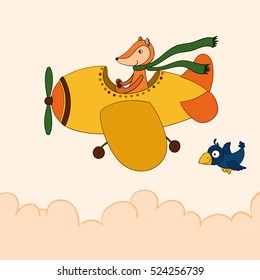 Awesome cute cartoon fox pilot flying on the airplane. Cloudy weather. Little cartoon crow.