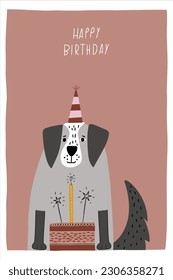 Awesome cute dog in birthday party hat and with birthday cake, children's birthday party. Vector card with nice animal.