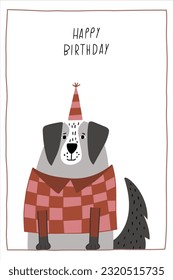 Awesome cute dog in birthday party hat and pullover, children's birthday party. Vector card with nice animal.