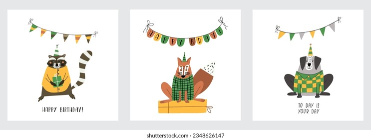 Awesome cute Dog, fox and raccoon in birthday party hats. Children's birthday party, birthday gift boxes. Vector card with nice animals. Awesome set of birthday cards with cute animals. EPS 10