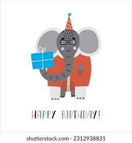 Awesome cute elephant  in overalls and birthday party hat,, children's birthday party. Vector card with nice animal.