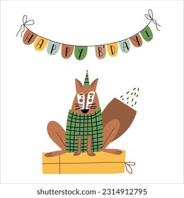 Awesome cute fox in birthday party hat, children's birthday party. Vector card with nice animal.