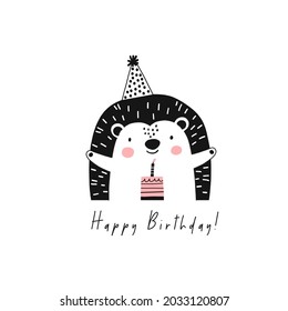 Awesome cute hedgehog  in festive caps, happy birthday kids party, birthday cake. Vector illustration cute animals friends birthday party characters
