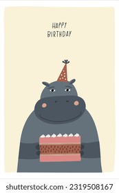 Awesome cute hippopotamus in birthday party hat, children's birthday party. Vector card with nice animal.