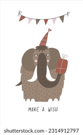 Awesome cute mammoth in birthday party hat, children's birthday party. Vector card with nice animal.