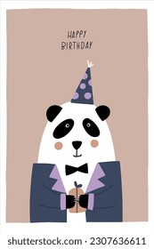Tolle Panda in Geburtstagsfeier, Kindergeburtstagsfeier. Vektorkarte mit nettem Tier.