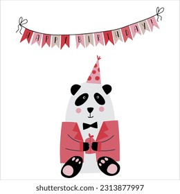 Awesome cute panda in cbirthday party hat, children's birthday party. Vector card with nice animal.