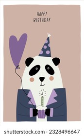 Awesome cute panda in cbirthday party hat, children's birthday party. Vector card with nice animal.