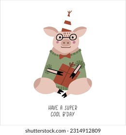 Awesome cute piggy in birthday party hat, children's birthday party. Vector card with nice animal.