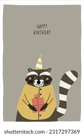 Awesome cute raccon in birthday party hat, children's birthday party. Vector card with nice animal.