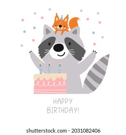 Awesome cute raccoon and  squirrel in festive caps, happy birthday kids party, birthday cake. Vector illustration cute animals friends birthday party characters
