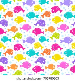 Awesome cute seamless pattern with funny fishes in rainbow colors. Nice vector background, perfect for wallpaper, wrapping paper or textile.