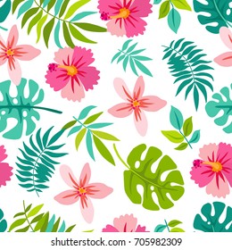 Awesome cute seamless pattern with hibiscus flower and tropical plants. Nice vector background, perfect for wallpaper, wrapping paper or textile.