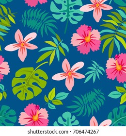 Awesome cute seamless pattern with hibiscus flower and tropical plants. Nice vector background, perfect for wallpaper, wrapping paper or textile.