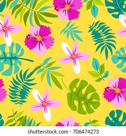 Awesome cute seamless pattern with hibiscus flower and tropical plants. Nice vector background, perfect for wallpaper, wrapping paper or textile.