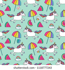 Awesome cute seamless vector pattern with unicorns. Nice design for fabric, wrapping paper or background for children.
