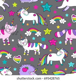 Awesome cute seamless vector pattern with unicorns, caticorns. Nice design for fabric, wrapping paper or background for children..