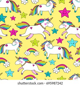 Awesome cute seamless vector pattern with unicorns. Nice design for fabric, wrapping paper or background for children.