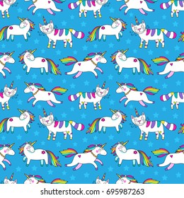 Awesome cute seamless vector pattern with unicorns. Nice design for fabric, wrapping paper or background for children.