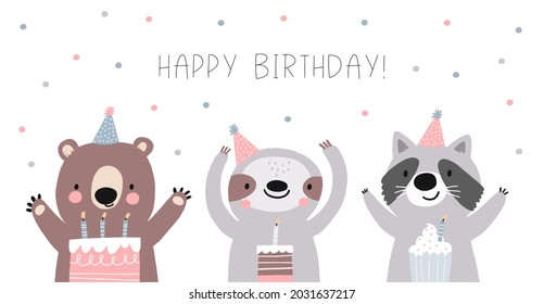 Awesome cute sloth, bear and raccoon in party hats, children's birthday party, birthday cake. Vector illustration of cute animals friends birthday characters
