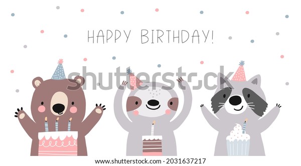 Awesome cute sloth, bear and raccoon\
in party hats, children\'s birthday party, birthday cake. Vector\
illustration of cute animals friends birthday\
characters