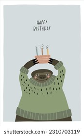 Awesome cute sloth with birthday cake, children's birthday party. Vector card with nice animal.