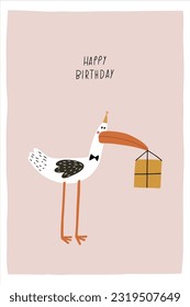 Awesome cute stork in birthday party had with gift box, children's birthday party. Vector card with nice animal.