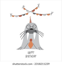 Awesome cute walrus in birthday party hat, children's birthday party. Vector card with nice animal.