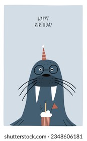 Awesome cute walrus in birthday party hat, children's birthday party. Vector card with nice animal. EPS 10