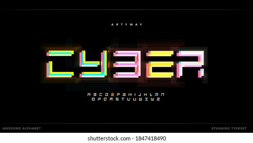 Awesome Cyber Futurism alphabet. Futuristic stunning font, geometric type for modern logo, headline, creative lettering and typography. Overlay glitch modular letters, vector typographic design