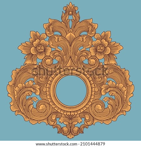 Awesome detail Round frame, Baroque floral Ornament. Hand drawn Engraving vector vintage Illustration.